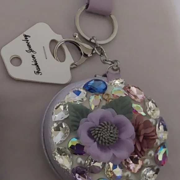 Embellished Lilac Floral Crystal (3 in 1) Key Chain, Bagcharm, Mirror - Picture 7 of 8